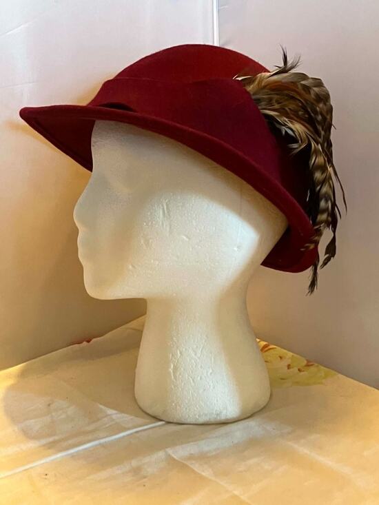 Mr. John Accessories - Vtg Mr John Burgundy Wool Felt Church Lady Hat Feathers 1950’s New York Paris